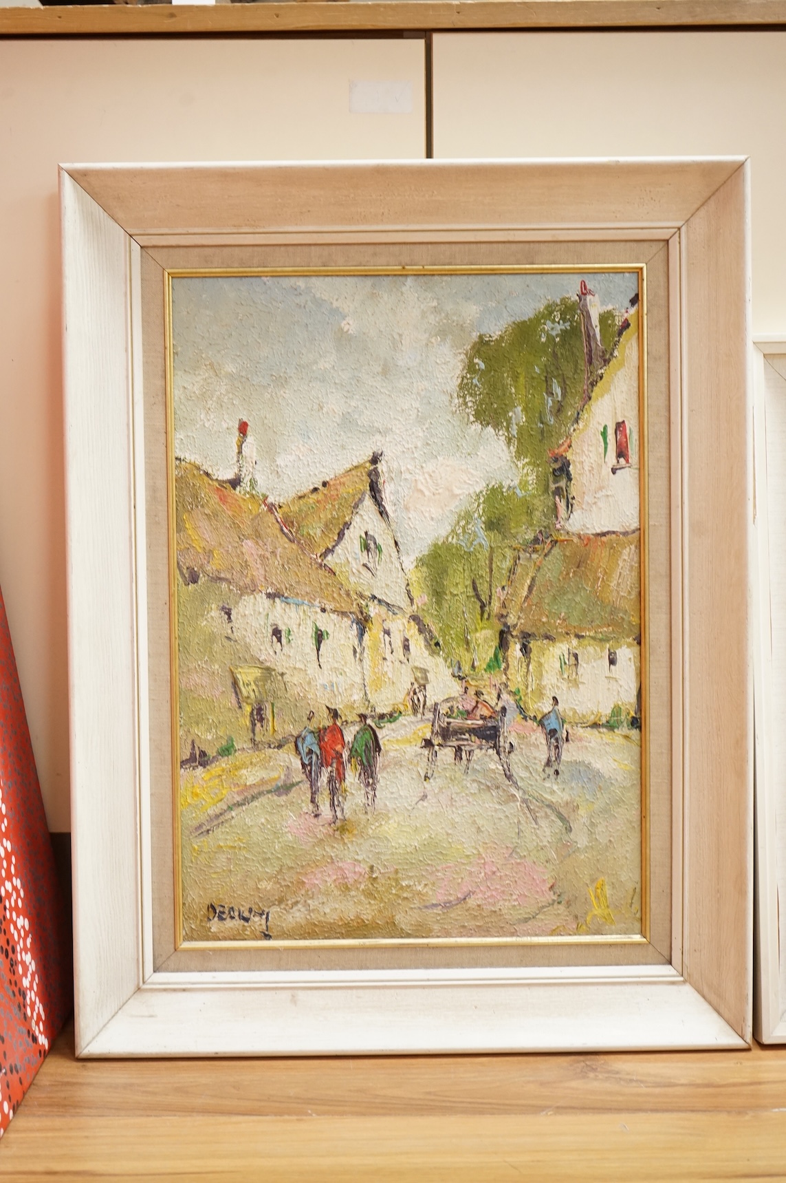 George Deakins (1911-1982), Street scene with figures and one other, each signed, one dated '76, two impasto oils on board, largest 54 x 38cm